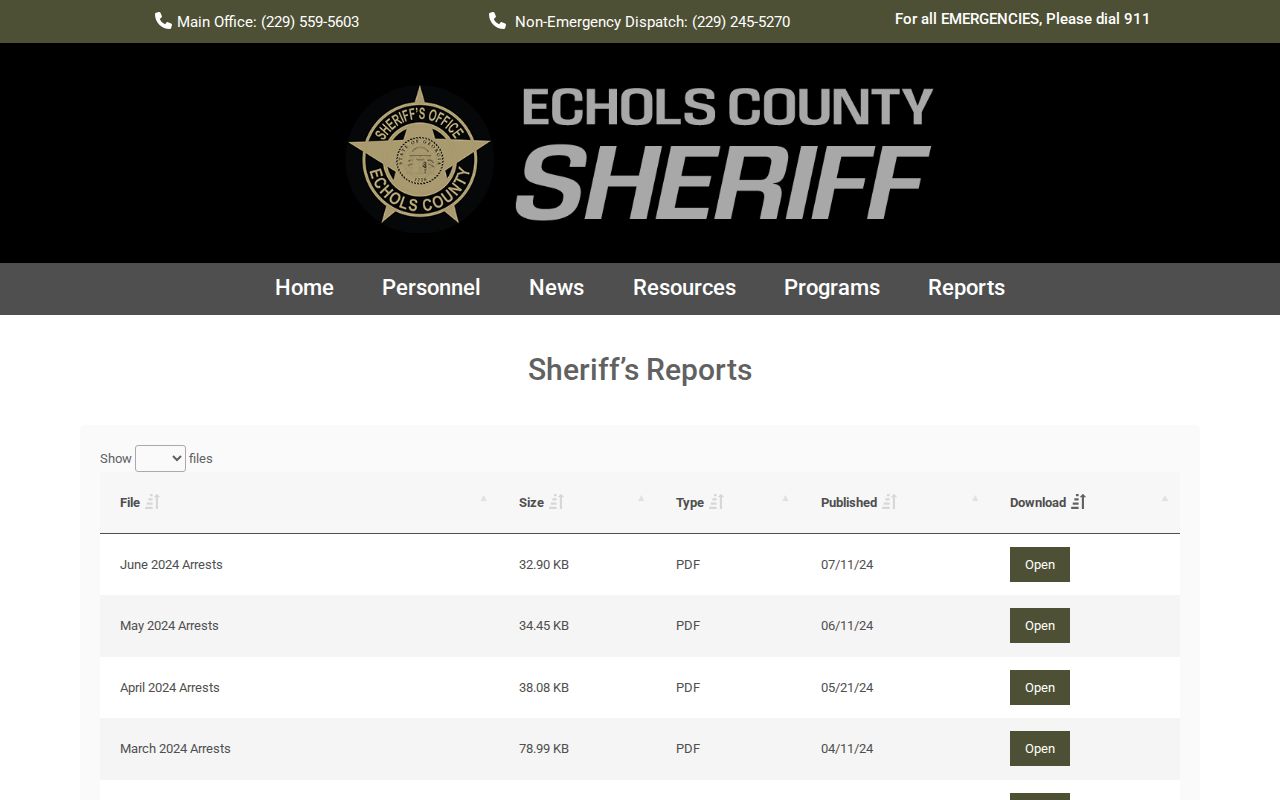 Echols County official monthly arrest-record PDF index
