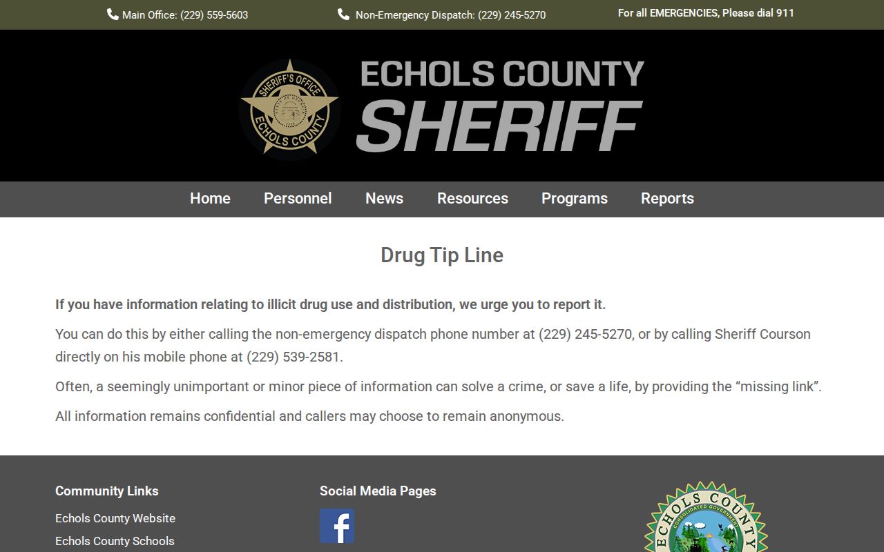 Echols County Sheriff confidential drug tip instructions for wanted-person safety context
