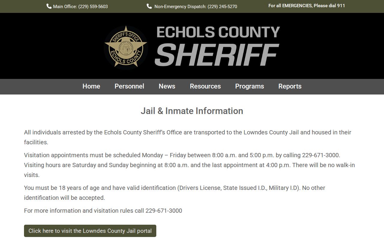 Echols County booking records statement about Lowndes County Jail custody