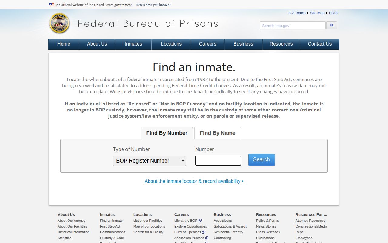 Federal Bureau of Prisons locator showing the federal custody and no-photo distinction for Echols County searches