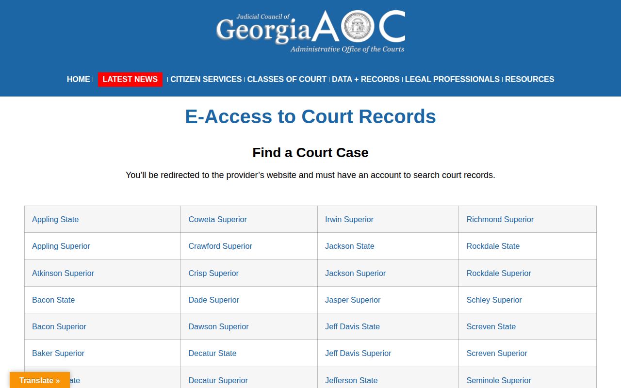 Georgia Courts E-Access disposition directory for an Echols County booking