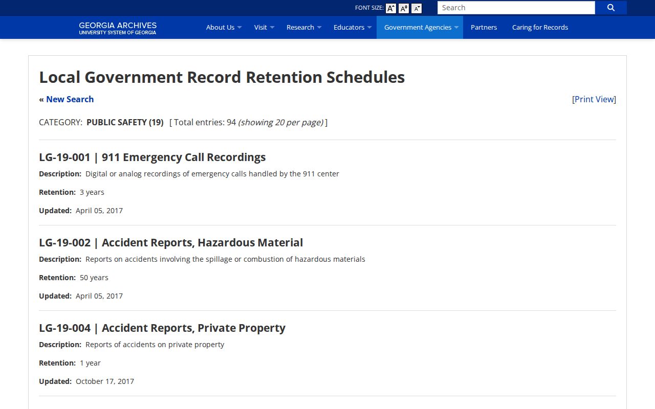 Georgia public safety retention schedule for Echols County booking records